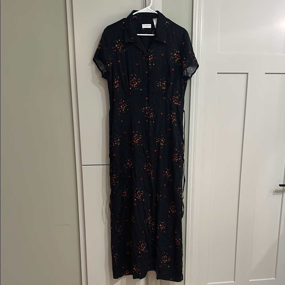 Liz Claiborne Black Maxi Shirt Dress with Red and Orange Floral Print